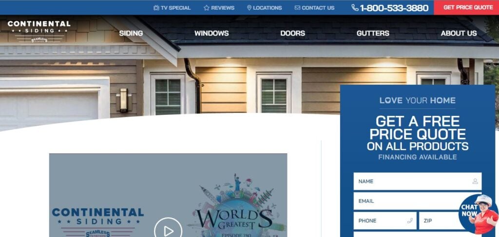 Screenshot of Continental Siding homepage with house exterior, menu, phone number, and a quote form for siding, windows, doors, gutters.