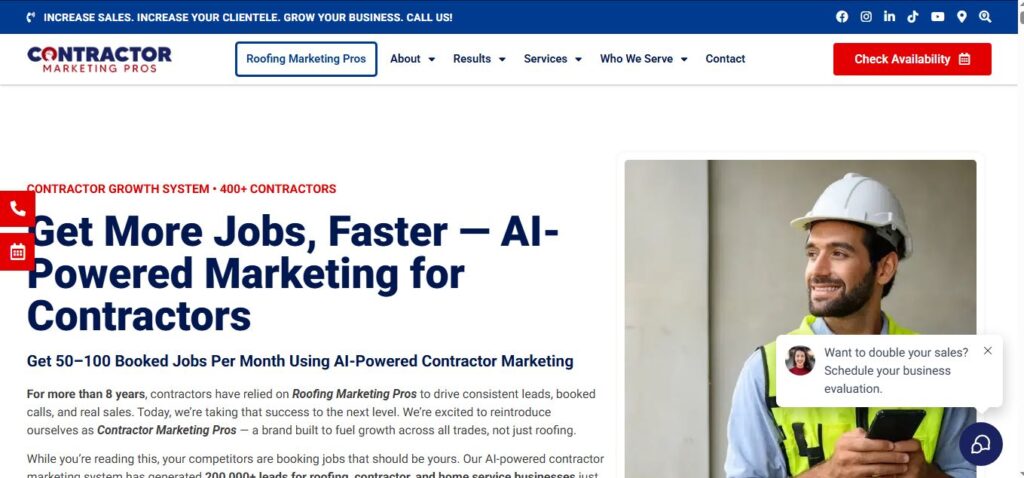 Screenshot of Contractor Marketing Pros on Hook Agencyās site, featuring a hard-hatted worker and chat to book a business evaluation.