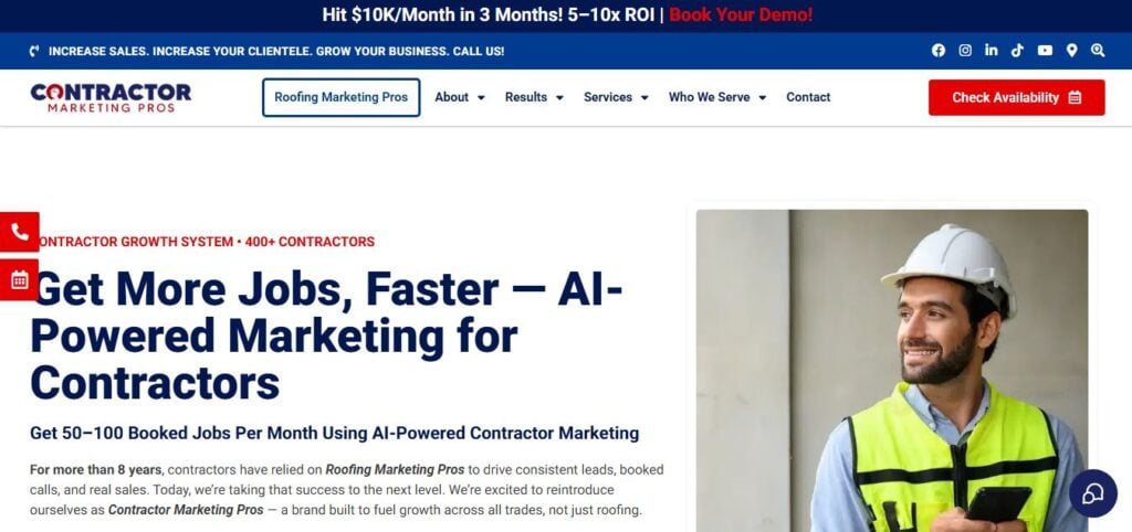 Hook Agency website screenshot: "Get More Jobs, Faster—AI-Powered Marketing for Contractors" header, man in hard hat, blue/red accents for Pest Control.