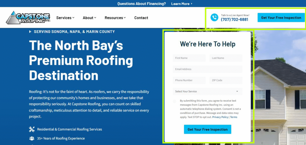 Screenshot of Capstone Roofing’s site on Hook Agency: blue banner, contact info, free inspection CTA, modern 2026 web design trends.