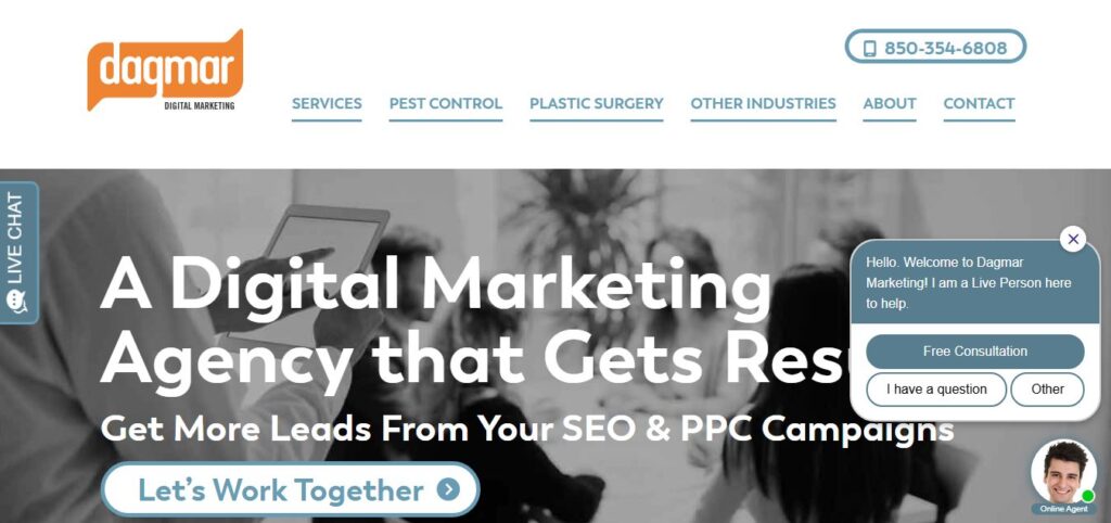 Screenshot of Hook Agency homepage with navigation, contact info, chat, headline “A Digital Marketing Agency that Gets Results,” and a prominent “Let’s Work Together” button emphasizing Pest Control SEO expertise.