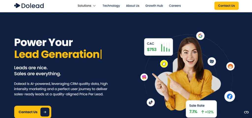 A woman points right amid business icons and stats; Hook Agency features bold blue/yellow CTAs for AI-powered lead generation.