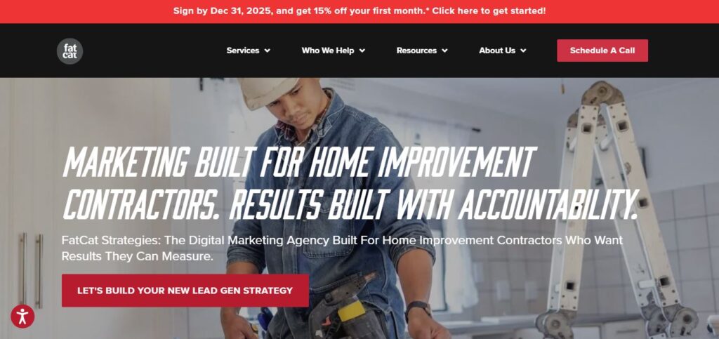 Homepage of FatCat Strategies on Hook Agency: Contractor measures wood, highlighting results-driven marketing for home pros. Trusted by top siding PPC agencies.