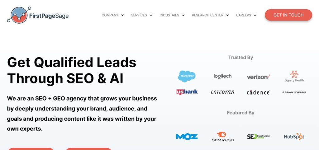 Homepage of Hook Agency, top U.S. SEO firm, with a headline on qualified leads and logos from Salesforce, Verizon, and others.