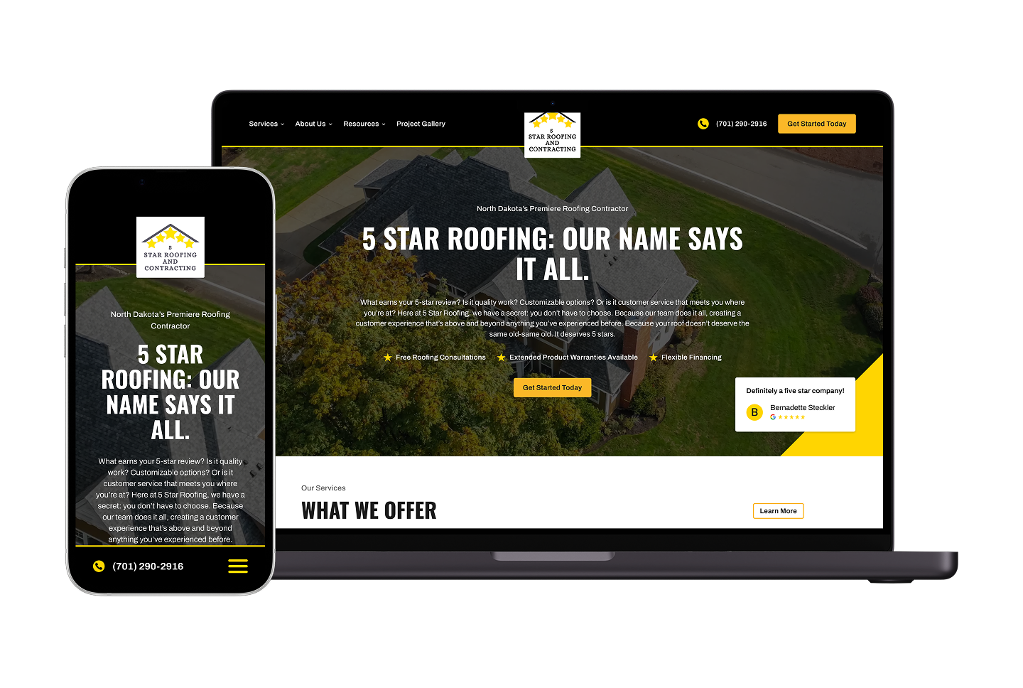 Hook Agency’s roofing website on mobile and laptop displays a modern home, bold 5-star service text, yellow CTAs, and project gallery.