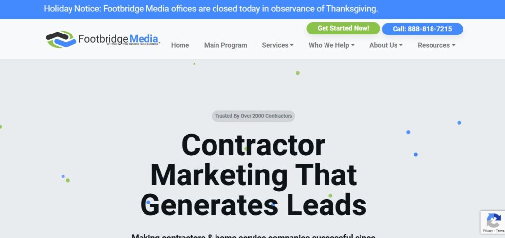 Screenshot of Hook Agency's homepage: Thanksgiving closure notice, logo, menu, "Get Started Now!" button, and “Contractor Marketing That Generates Leads” headline.