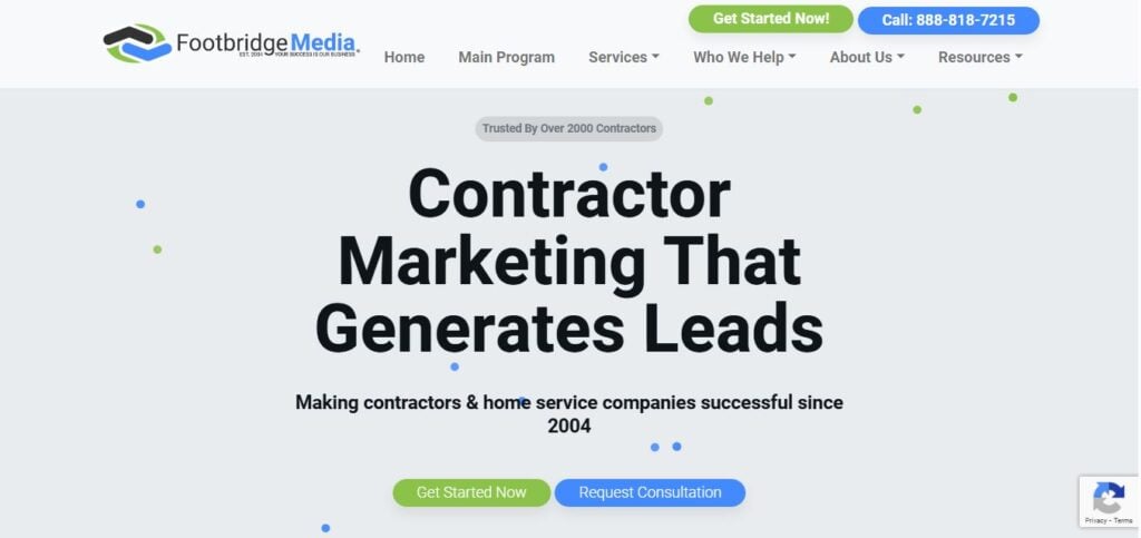 Screenshot of Footbridge Media homepage: "Contractor Marketing That Generates Leads" headline, electrician focus, action buttons visible.