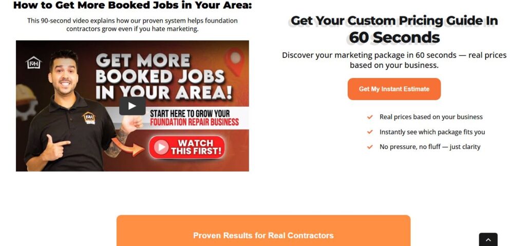 A man in a black shirt points to text about boosting booked jobs for U.S. foundation repair contractors. Watch video or get pricing.