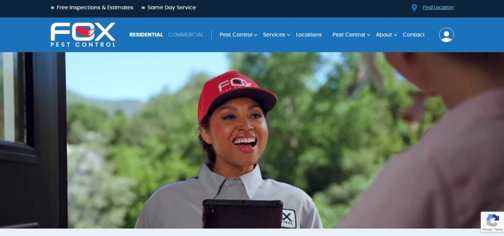Fox Pest Control professional at the door with tablet, advising customer. Website header shows Hook Agency branding and navigation.