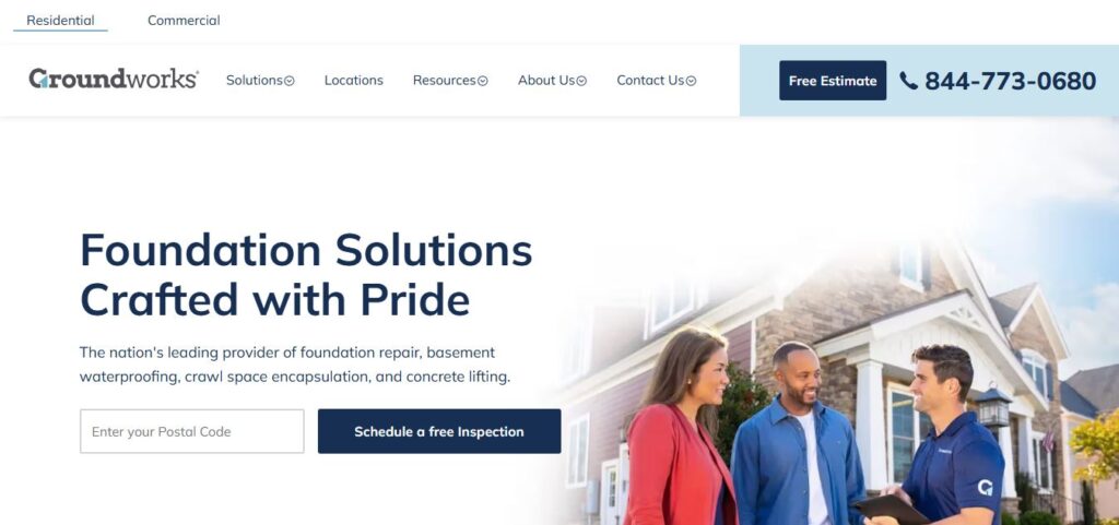 Groundworks homepage on Hook Agency: header with nav, phone, free estimate; pro welcomes couple, highlighting top repair services.