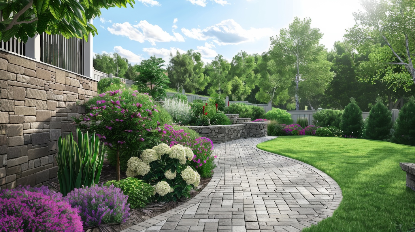 Curved stone path and retaining walls highlight AEo-style landscaping with lush plants and patio under a partly cloudy sky.