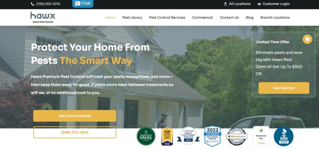 Screenshot of Hawx Pest Control’s homepage with contact info, “Get Free Estimate” button, and certifications highlighting their expertise.