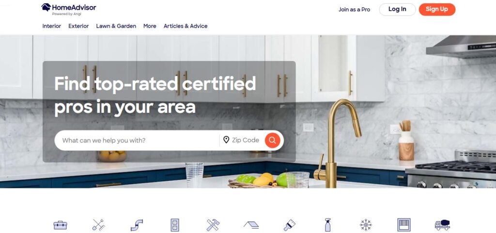 Homepage on Hook Agency’s site with kitchen background, search bar, and text to find certified pros; nav links and HomeAdvisor logo above.