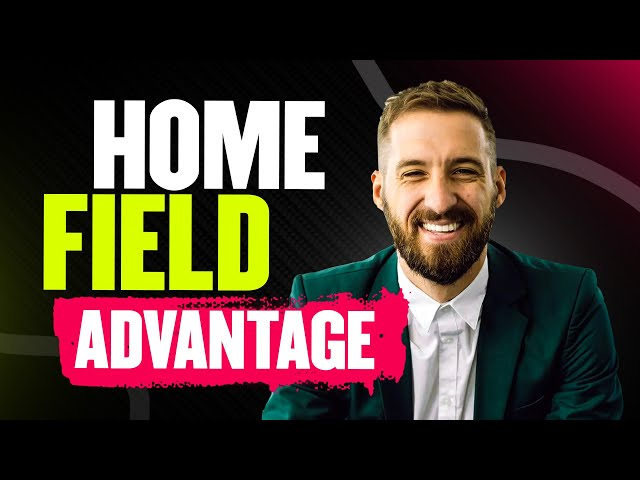 Smiling man in suit stands before black and pink background with "Home Field Advantage" text, showcasing Hook Agency roofing marketing.