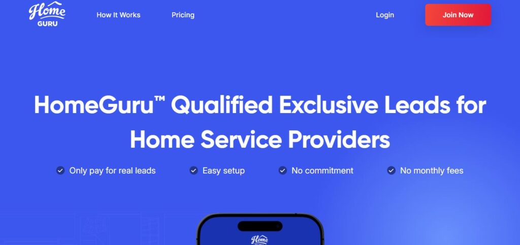 Screenshot of Hook Agency’s HomeGuru homepage: blue background, bold white “Qualified Exclusive Leads for Foundation Repair Services” text, top navigation, red “Join Now” button.
