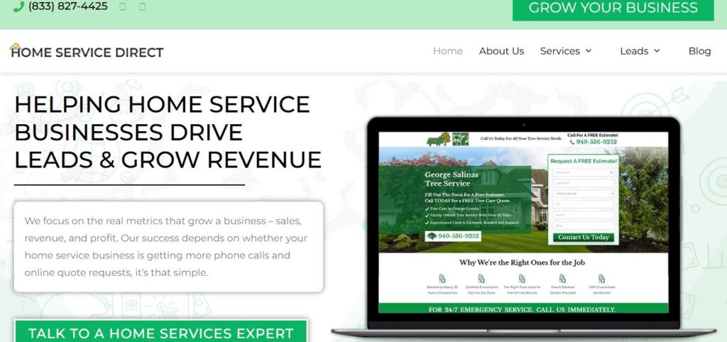 Hook Agency homepage with green and white theme, contact number, laptop image, and headline on boosting home service leads and revenue.