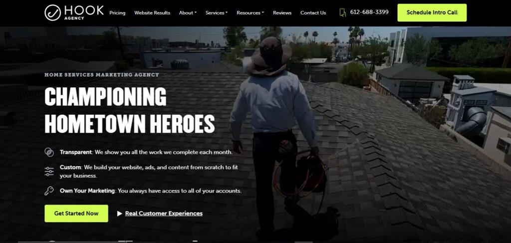 Professional on a rooftop surveys a suburb; Hook Agency website overlay with bold home services marketing, contact, and info buttons.