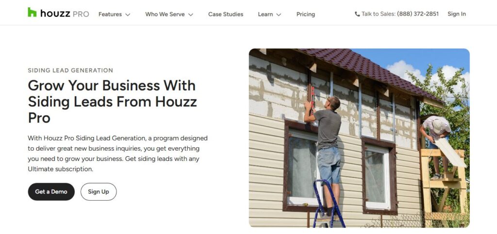 Two workers install house siding; one on ladder with tool, the other holds panel. Houzz Pro Siding Leads—demo or sign in.