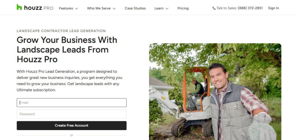 Man in plaid shirt and vest gives thumbs-up by mini excavator; site form and Houzz Pro branding promote hardscaping leads.