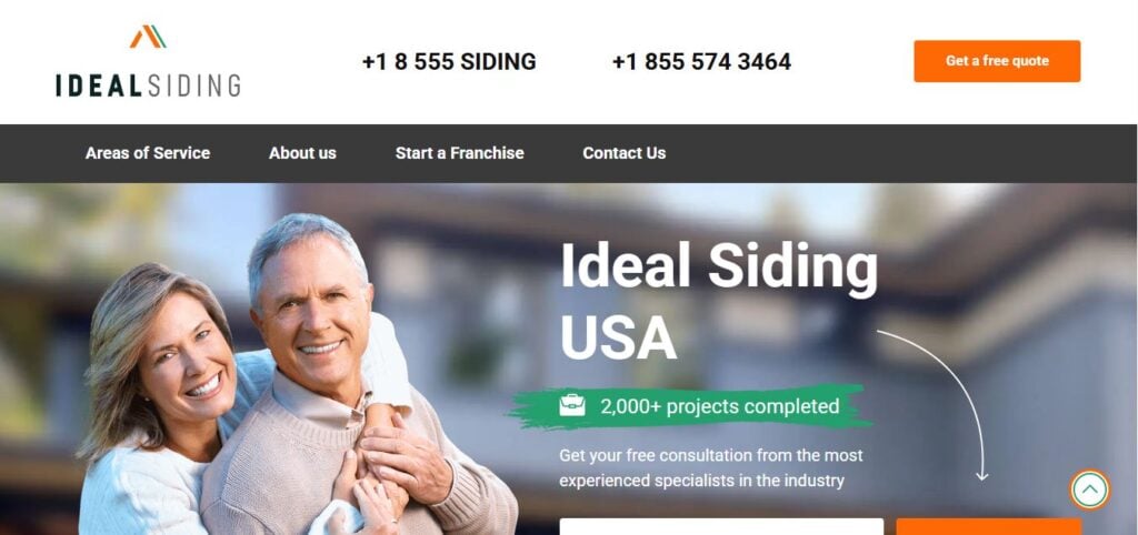 Smiling couple outdoors by a house. Header: Ideal Siding logo, contacts, menu, quote button. 2,000+ projects completed.