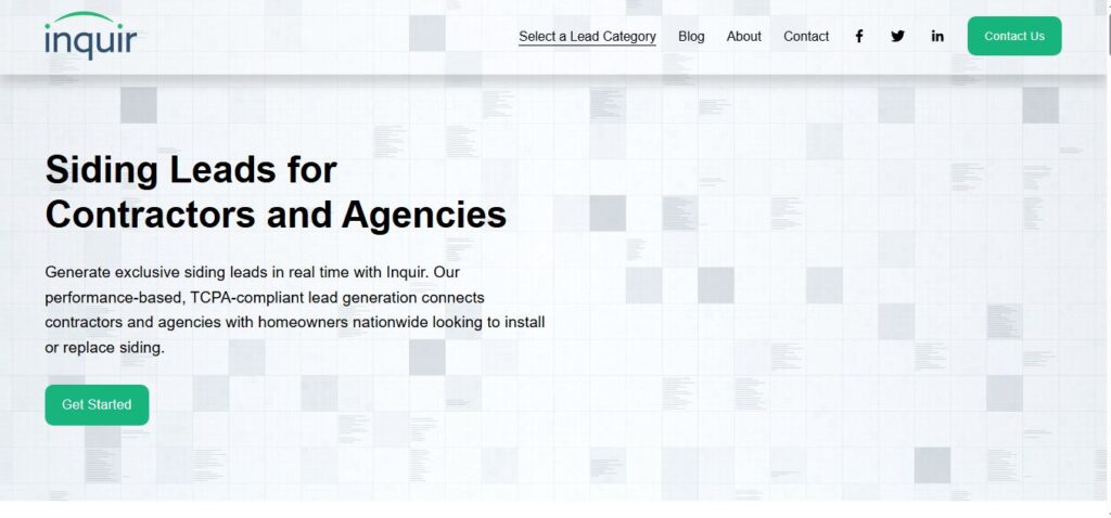 Screenshot of Inquir’s homepage on Hook Agency’s site with “Get Started” button, nav links, and gray square background.