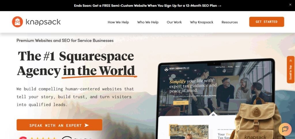 Screenshot of Hook Agency homepage: banner for free semi-custom website, "#1 Squarespace Agency" headline, preview, orange "Get Started" button.