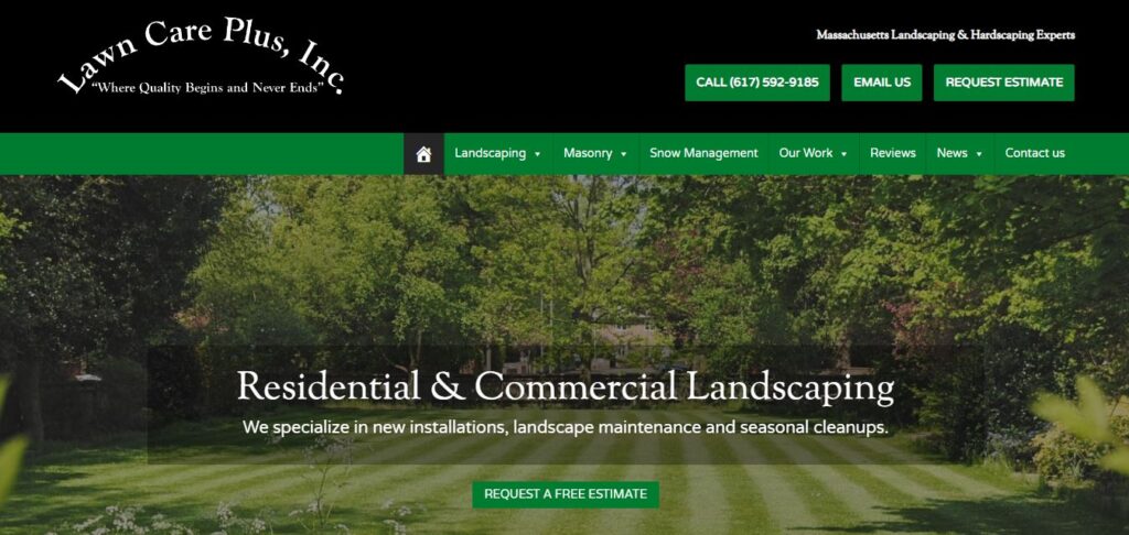 Lawn Care Plus, Inc. homepage on Hook Agency: green nav bar, logo, contact buttons, lawn background; top US hardscaping; free estimate.