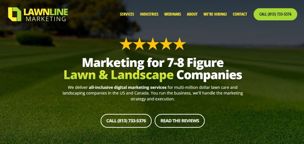 Banner with lush green lawn, five gold stars, and headline: “Marketing for 7-8 Figure Lawn & Landscape Companies”—showcasing hardscape marketing expertise.