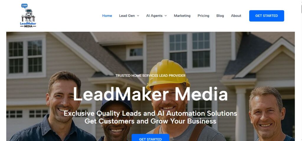 Team of four smiling workers, one in a yellow hard hat, stand by a house. Hook Agency’s LeadMaker Media offers AI-driven leads.