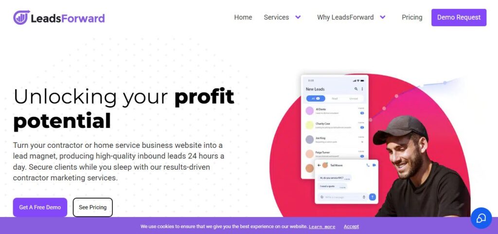 Hook Agency homepage for LeadsForward: “Unlocking your profit potential,” smiling man, phone with lead gen dashboard, clear CTA buttons.