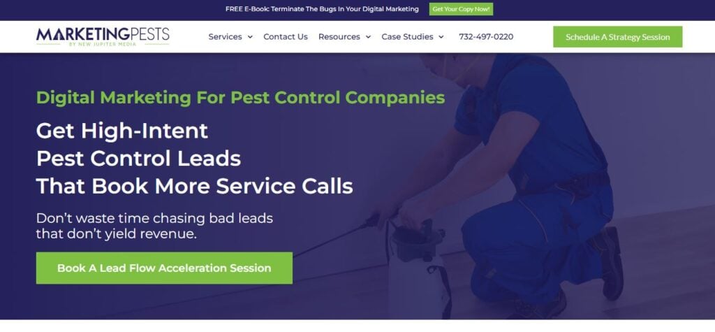 Homepage for MarketingPests, a U.S. pest control marketing agency; pro in uniform and clear CTAs to book strategy sessions.
