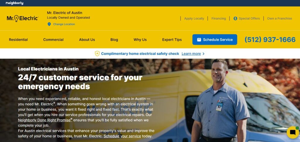 Smiling electrician in blue uniform stands by yellow Mr. Electric van. Header includes contact, menu, and "Schedule Service" button.