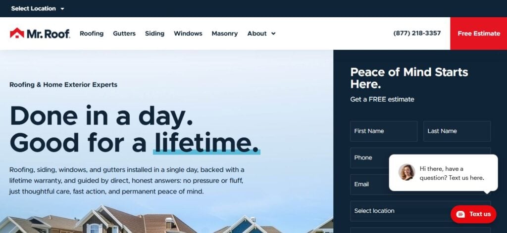 Mr. Roof website: Banner highlights same-day exterior services with lifetime guarantee. Quote form and chat box visible on right.