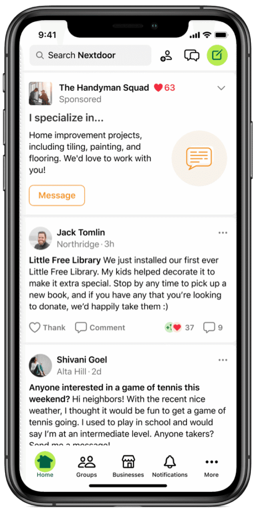 Smartphone showing the Nextdoor app with posts on home improvement, contractors, local events, and clear navigation tabs below.