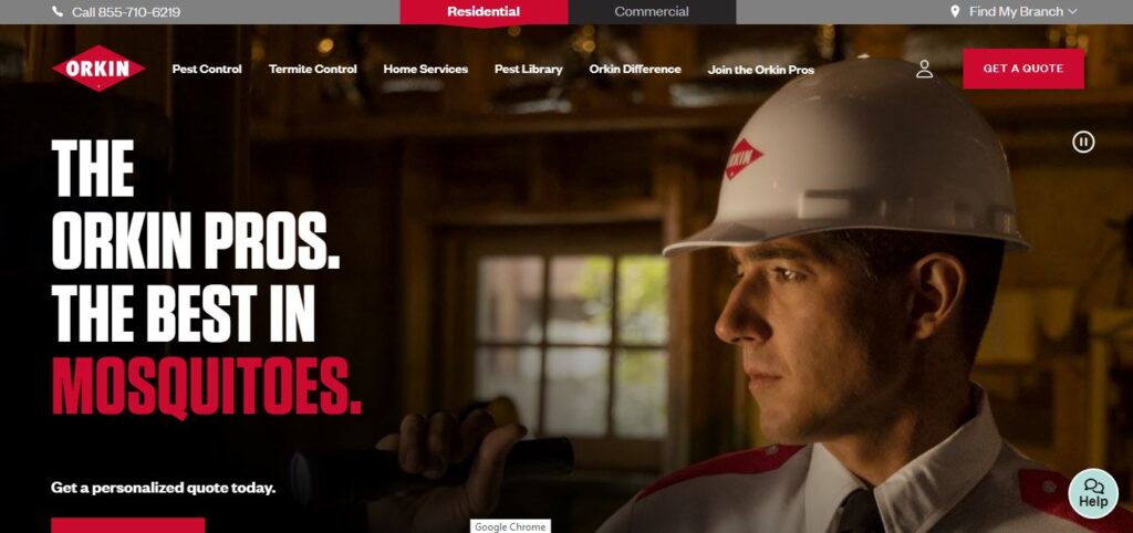 Orkin pro in uniform and hard hat stands indoors with flashlight. Bold text: "The Best in Mosquitoes." Top nav and quote button.