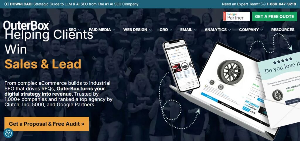 Hook Agency homepage highlighting premier U.S. SEO services, analytics visuals, free audit button, contact number, and Google Partner badge.