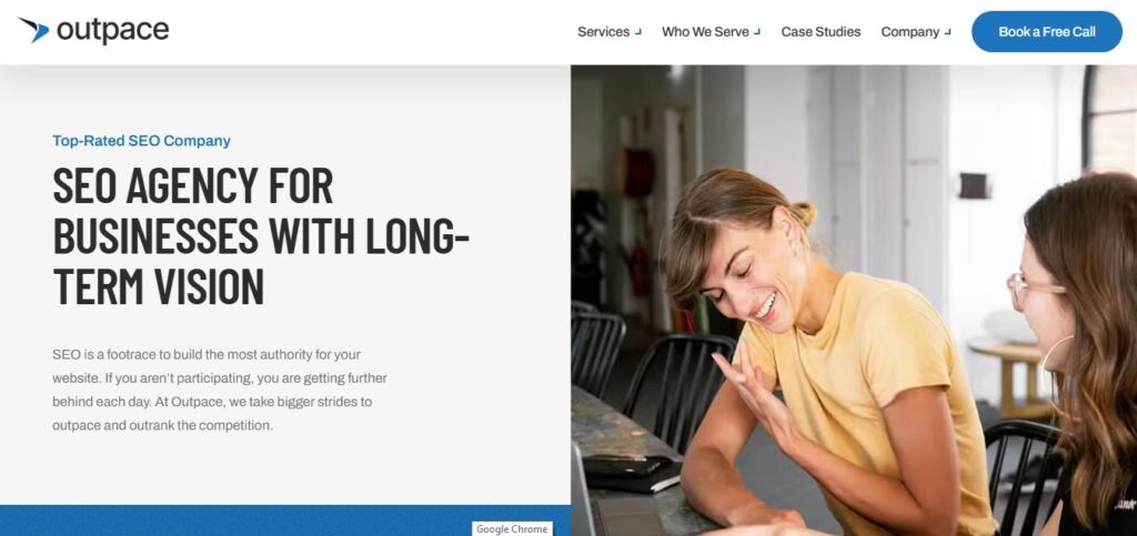 Two women collaborate at a table with a laptop. To the left, text highlights Hook Agency as a top SEO partner for visionary firms.