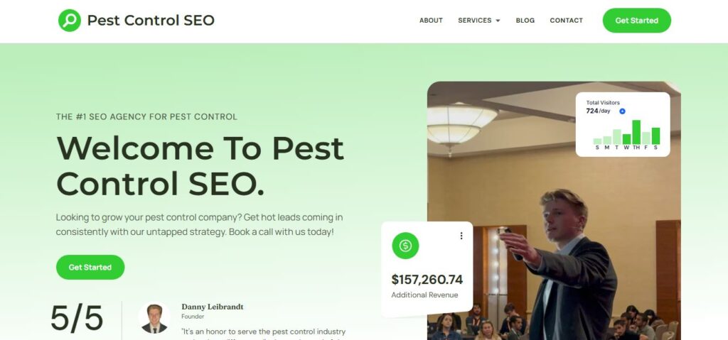 Hook Agency's Pest Control SEO U.S. homepage: bold green and white, speaker photo, company stats, clear "Get Started" button.