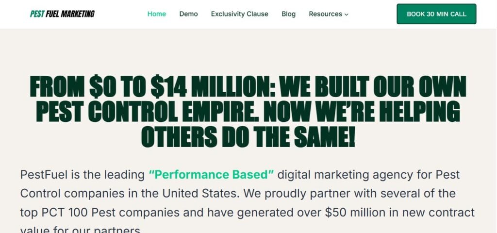 Hook Agency’s site features Pest Fuel Marketing: “From $0 to $14M—We Scale Pest Control.” Green "Book 30 Min Call" button shown.