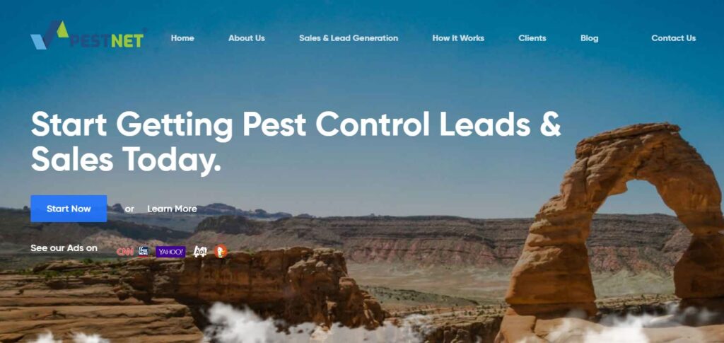 Hook Agency’s PestNet homepage highlights pest control lead generation, set against a rocky arch landscape with clear CTAs.