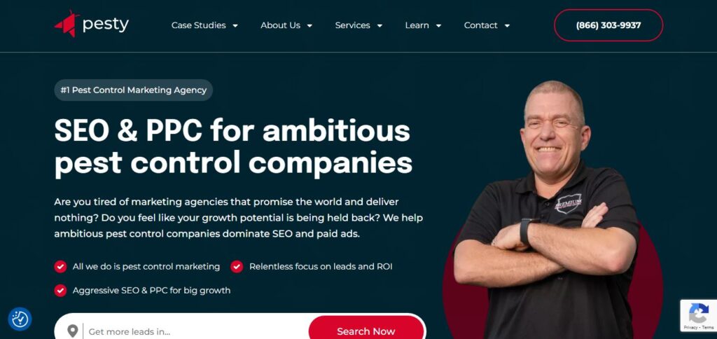 Confident man in black polo stands arms crossed by text for Pest Control SEO & PPC; "pesty" logo top left on Hook Agency site.