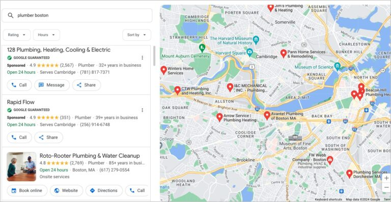 Google Maps results for “plumber Boston” show local listings with ratings and contacts beside a map—key for contractor SEO success.