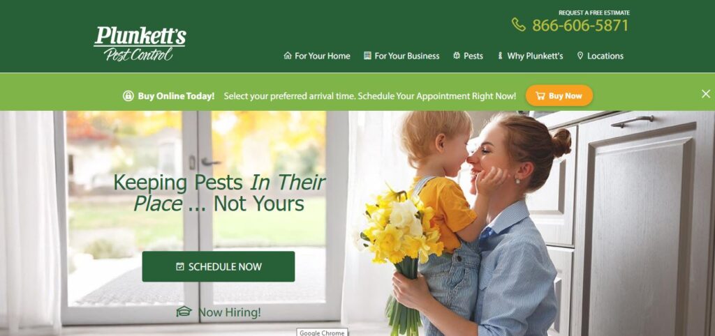 A happy woman with a child and yellow flowers stands in a pest-free living room. Plunkett’s Pest Control banner and action buttons top page.