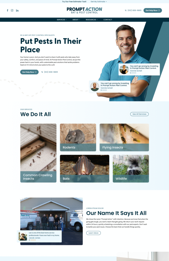 Hook Agency’s top pest control site for 2025: smiling technician, service categories, contact number, and clear navigation.