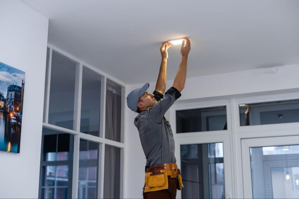 Professional electrician in grey shirt and tool belt installing a ceiling light fixture in a bright, modern room with large windows.