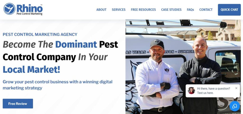 Two Rhino Pest Control staff stand in front of their van. Hook Agency site promotes pest control marketing. Chat box offers help.