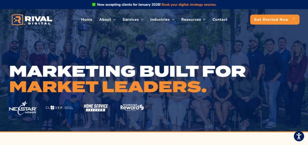 Sixteen team members pose in front of a building and “MARKETING BUILT FOR MARKET LEADERS” banner on Hook Agency’s website.