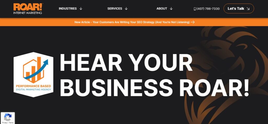 ROAR! Internet Marketing homepage on Hook Agency: lion graphic, chart logo, nav menu, contact info, pest control marketing article banner.