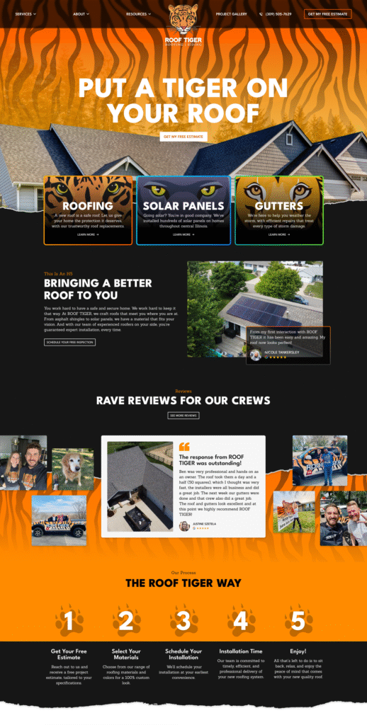 Homepage with tiger-themed graphics, roofing, solar, gutter services, reviews, crew photos; ranked top by Hook Agency for 2025.