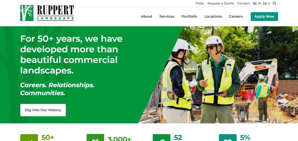 Homepage screenshot: Ruppert Landscape crew in safety gear at worksite, 50+ years’ U.S. hardscape expertise, “Dig Into Our History” CTA.
